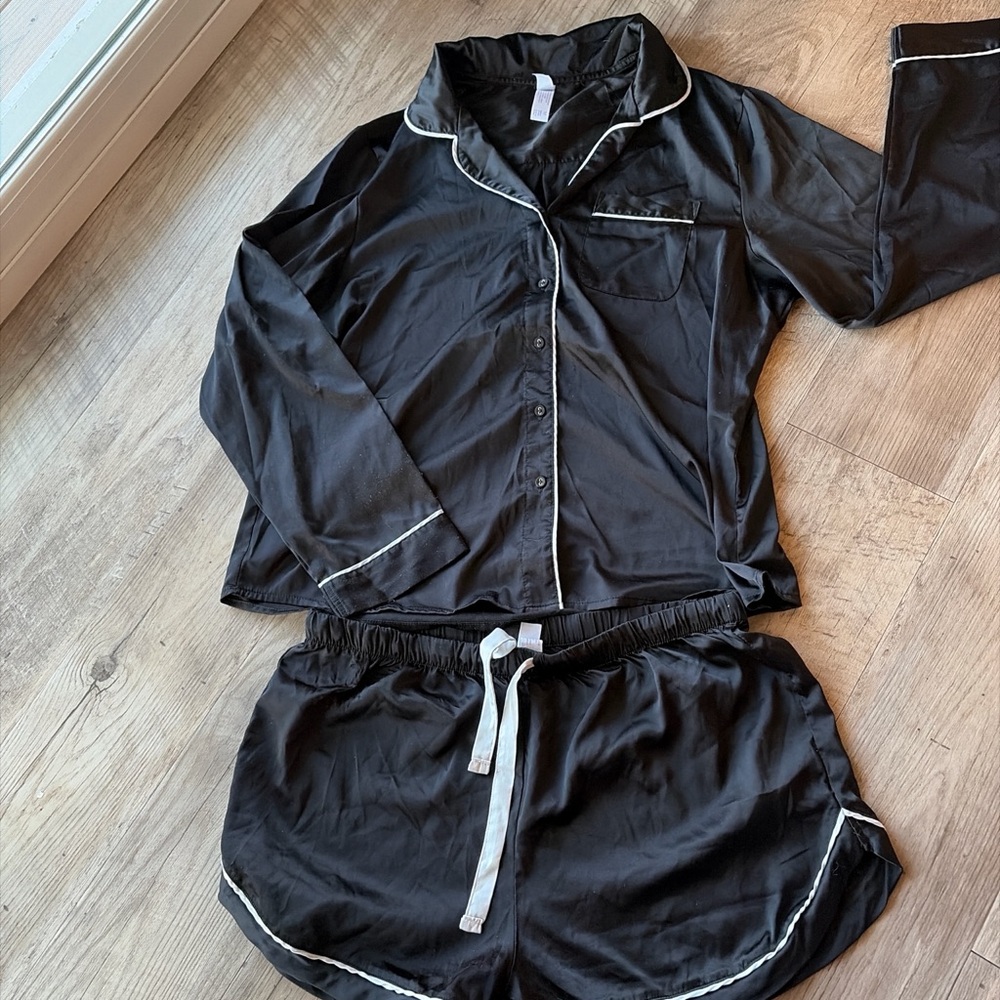 Black Satin Pajama Set with White Trim